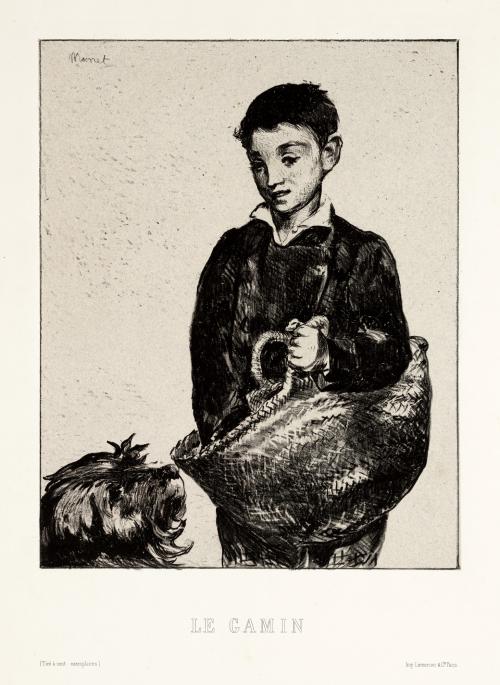 Print of boy holding basket and dog