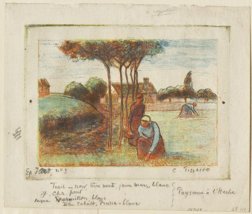 Print of three figures in a field with house in background