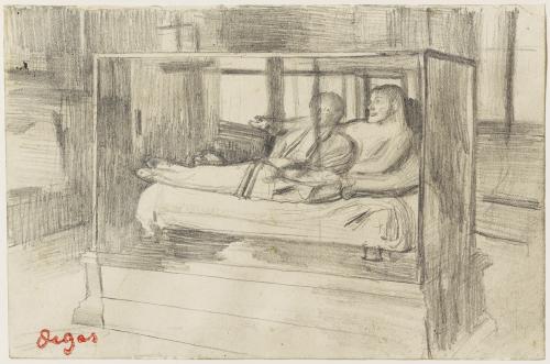 Graphite drawing of sarcophagus with reclining male and female figures