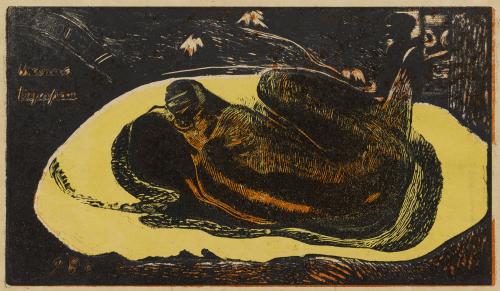 Print of a woman curled up and lying down