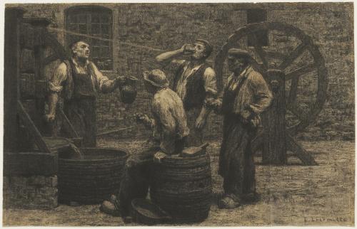 Black chalk drawing with four men drinking near a wine press