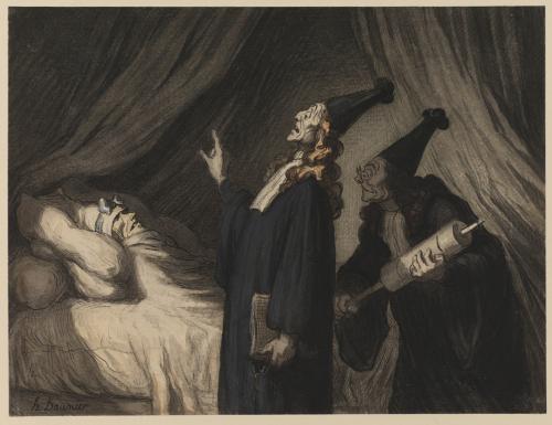 black chalk, watercolor, and ink image of man on sickbed with two standing men