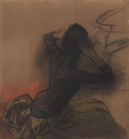 charcoal, chalk, and pastel image of seated woman in black adjusting hair