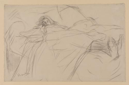 graphite and black chalk drawing of figure lying in bed