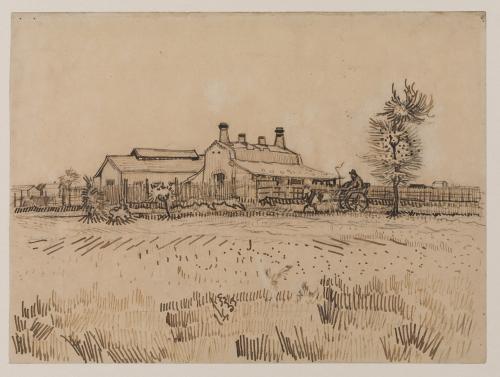 pen and ink drawing of farm with tractor and field