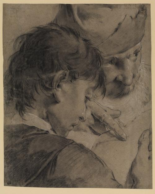 black chalk drawing of boy and elderly bearded man