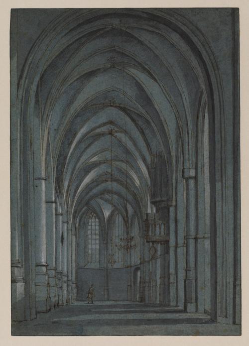 pen and ink drawing of church interior, with pillars and arches