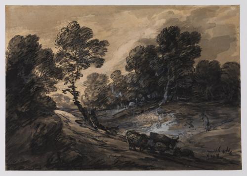 chalk and ink drawing of landscape with cattle at dusk