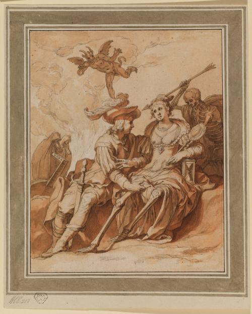 chalk and ink drawing of man and woman seated with skeleton and winged figure