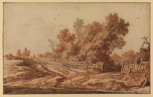 red and black chalk drawing of landscape with wooden fence