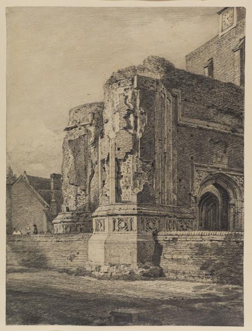 graphite drawing of church building in ruins