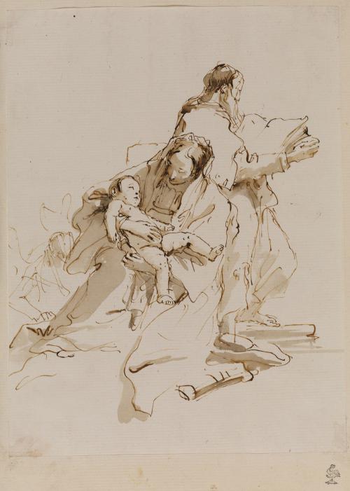 pen and ink drawing of two figures and infant, one holding book