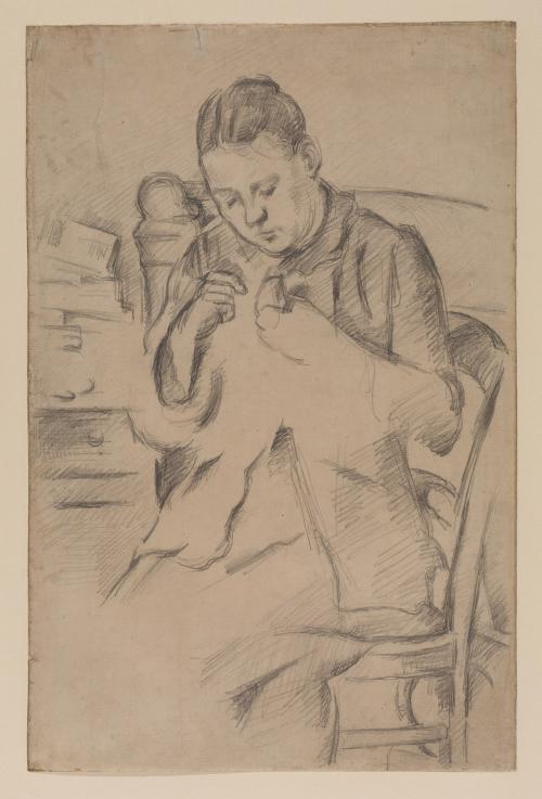 graphite drawing of seated woman sewing at a table