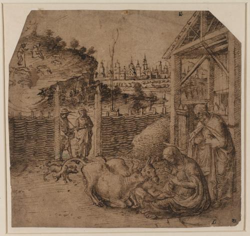 pen and ink drawing of religious figures with infant and animals outside a stable