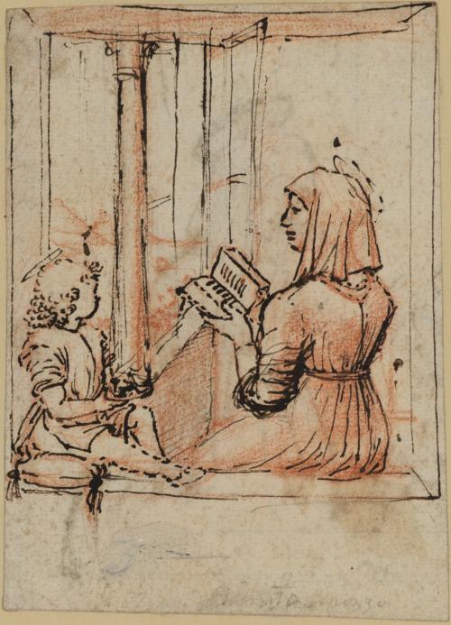 pen and ink drawing of seated religious figures seen from behind, one with book