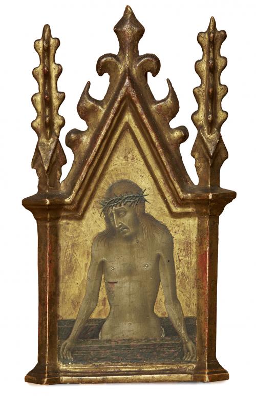 Gold and tempera on wood panel of Jesus Christ in the tomb, with ornate golden frame.