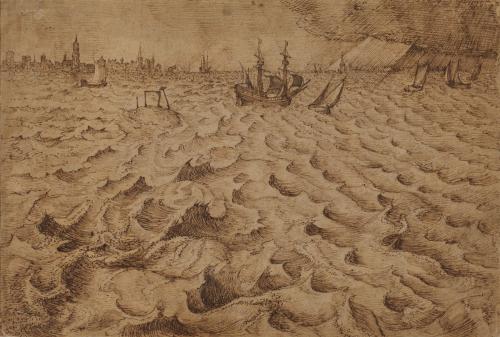 pen and ink drawing of the sea with large waves and ships in distance