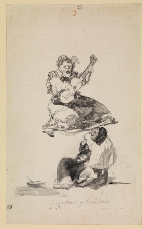 ink drawing of woman playing guitar with figure below looking up her skirts