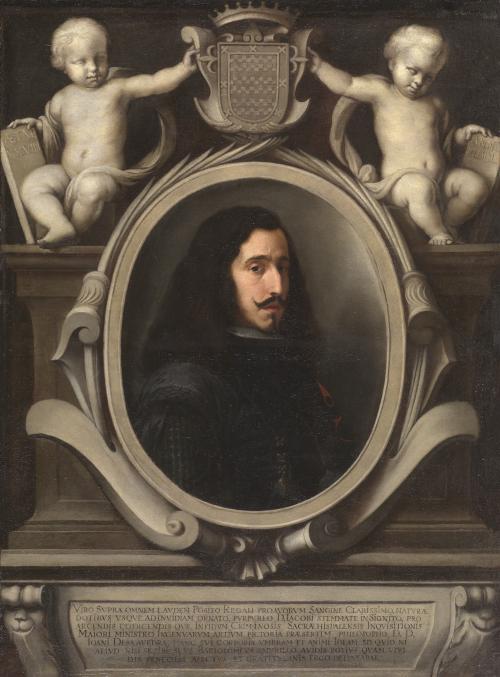 oil painting of oval-framed portrait of man with mustache with angels on either side