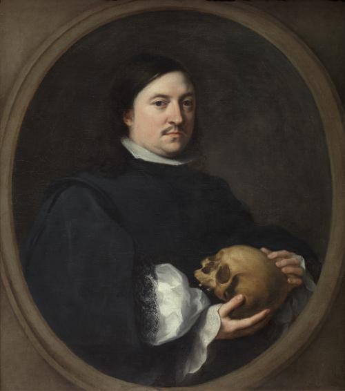 oil painting of man in profile holding a skull