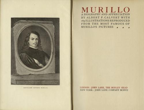 book spread with image of man with mustache and long hair on the left, and text including "Murillo" on the right