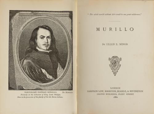 engraving on paper of man in profile, framed in oval shape on left, and text on right including "Murillo" 