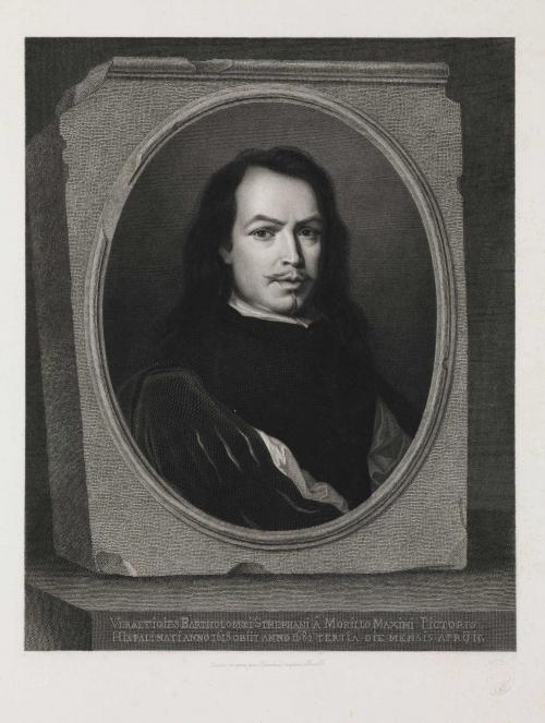 etching and engraving on paper of man with mustache and and long hair in oval frame