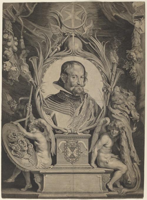 engraving of man in profile in circular frame, surrounded by seated angels, lion's skin, Medusa relief, owl, fruit