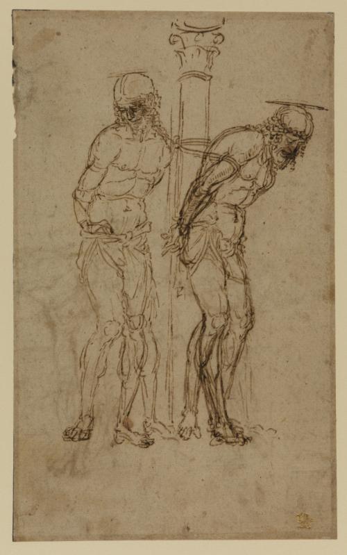 pen and ink drawing of religious figure standing tied to column, drawn twice