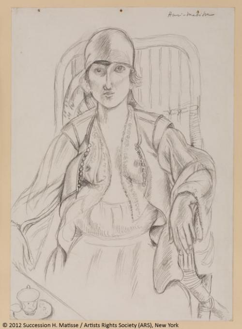 graphite drawing of seated woman with shirt open, wearing cap