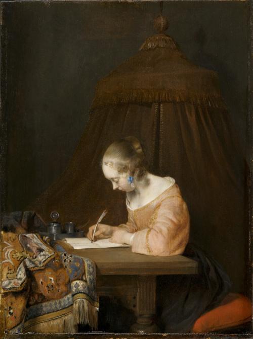 A painting showing a young woman, elegantly dressed and sitting at a table that is partly covered by a carpet. She writes a letter using a quill pen. 