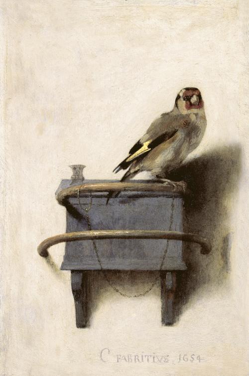 Painting of a bird with a red face, yellow beak, gold body and striped wing, A thin chain attached to its leg keeps the bird tethered to the feed box on which it sits.