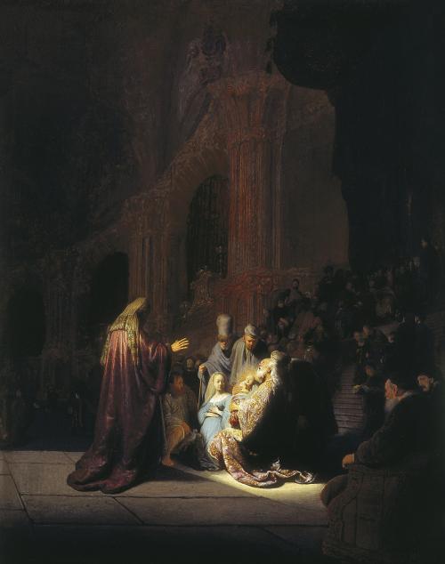 Painting showing a small group of spotlit figures in a large, dark interior space. In the group kneels an old man who holds the infant Jesus. Another kneeling man and woman are next to the old man. A tall figure dressed in a robe and headdress stands and faces the group. Other people are standing and seated in the distance watching the scene.