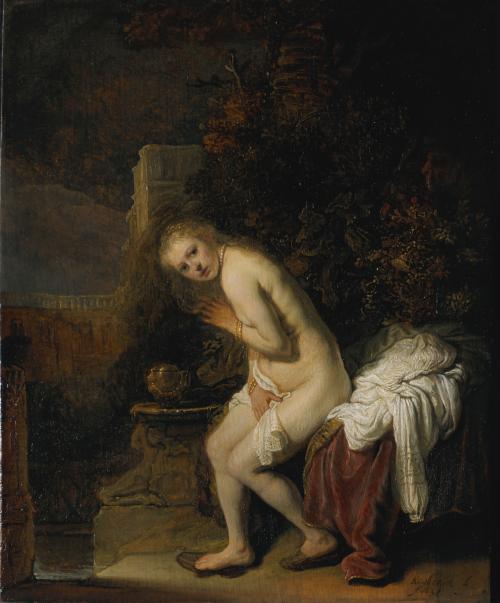 A painting showing a seated young woman who shields he nearly nude body with her arms.