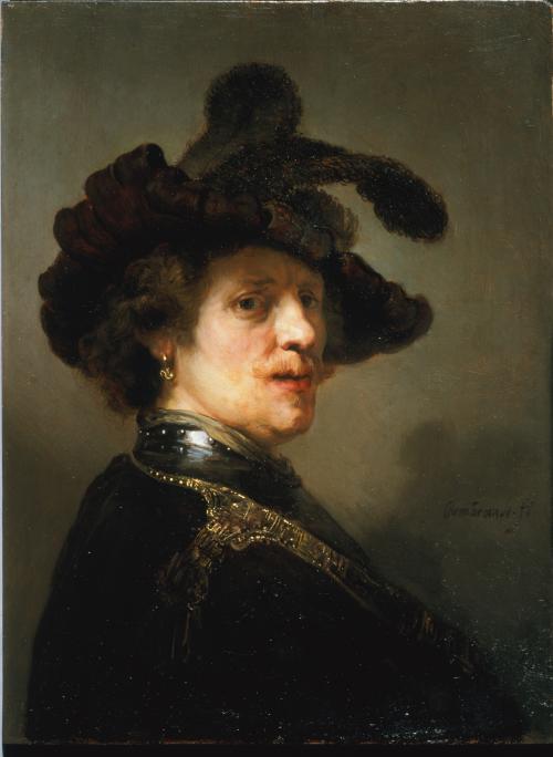 Painting of a man who wears a dark hat with a large feather, dark clothing. 