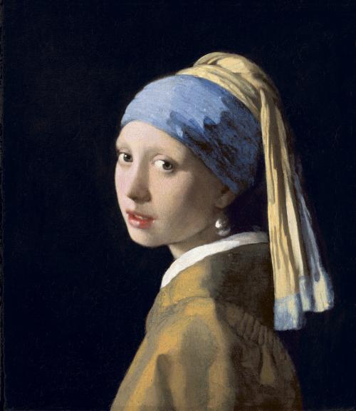 Painting of a woman looking over her shoulder and wearing a headdress and a large pearl earring.
