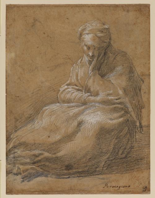 black chalk drawing of seated woman asleep with hand on cheek