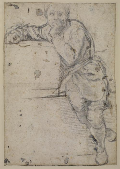 black chalk drawing of youth sitting with arm atop a table