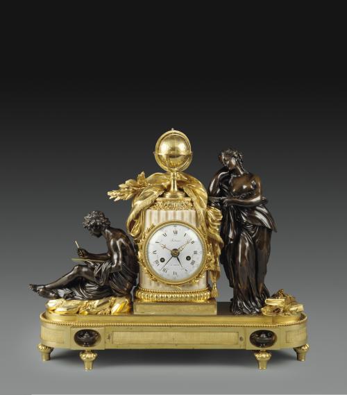 mantle clock in gilt bronze, flanked by with figures bronze figures with books representing Study and Philosophy 