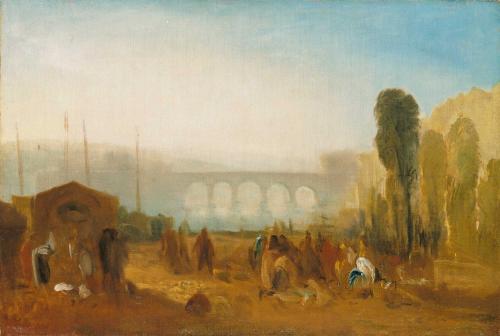 oil painting of depicting people on land near river, with bridge in background