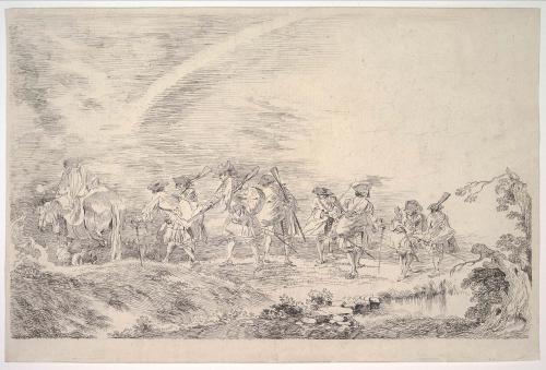 etching of soldiers in a landscape