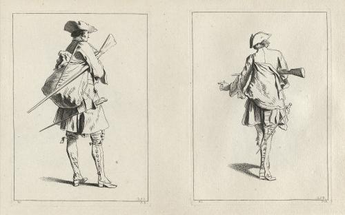 two etchings of a standing soldier seen from behind