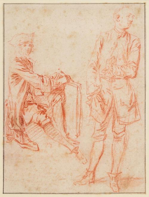 sketches of a seated man with a drawing portfolio and a standing man