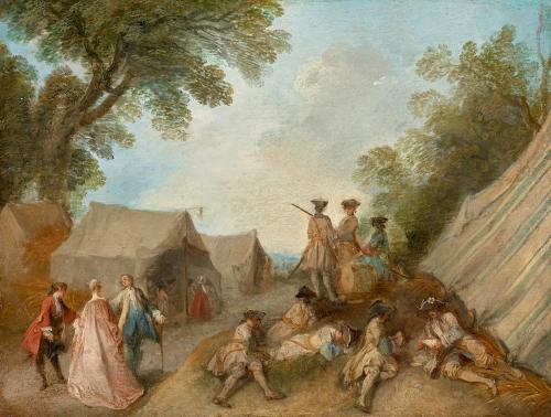 oil painting of a military camp with soldiers and tents in a landscape