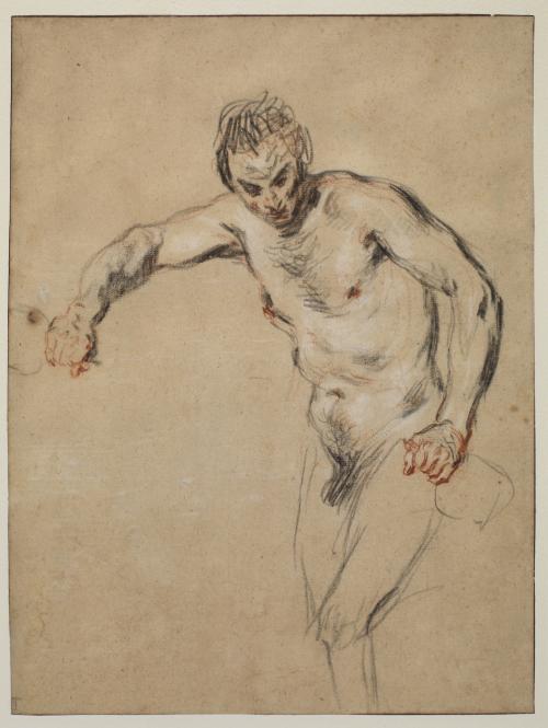 black, red, and white chalk drawing of nude man holding bottle
