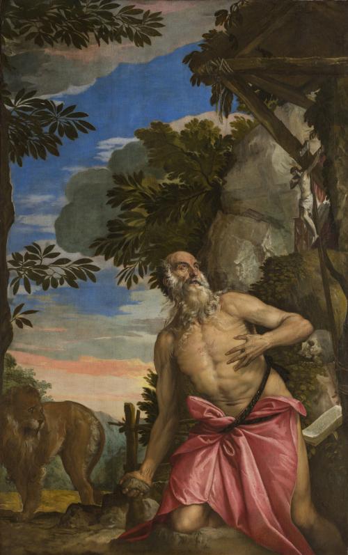 oil depicting biblical scene of St. Jerome and lion in background