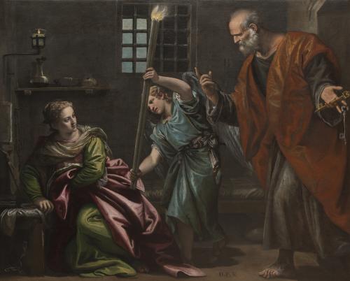 oil painting depicting seated woman in prison being visited by an angel and man holding keys 
