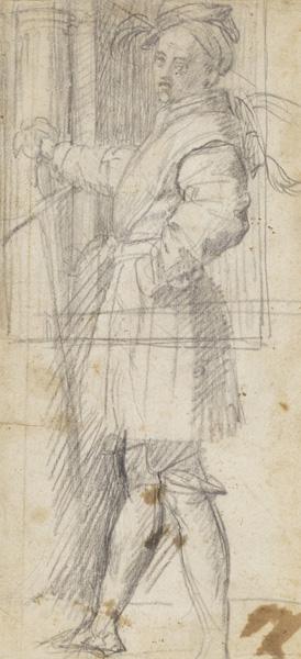 Drawing of a standing man looking over his left shoulder with left arm akimbo