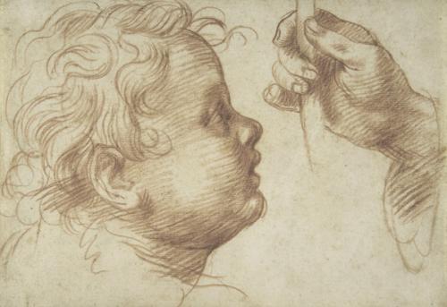 Drawing of a child's head in profile and a hand