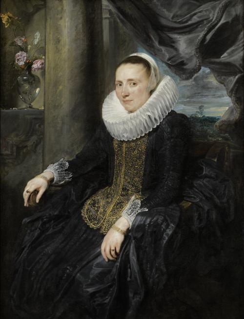 oil painting of seated woman in back dress with gold, with large white stiff collar